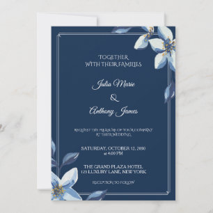 Elegante marineblaue florale Wasserfarben-Hochzeit Einladung