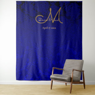 Elegante marineblaue goldene Blumenmonogramm-Kulis Wandteppich