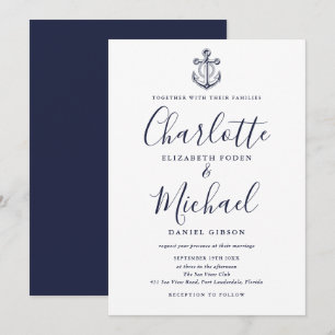 Elegante marineblaue Schrift maritime Anker Hochze Einladung