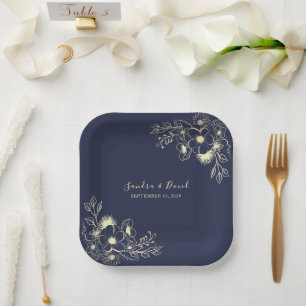 Elegante marineblaue und goldene Blumenhochzeit  Pappteller