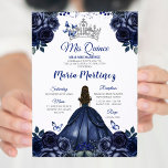 Elegante Marineprinzessin Floral Silver Mis Quince Einladung<br><div class="desc">Elegante Navy Prinzessin Floral Silver Mis Quince Einladung Quinceañera,  Mis Quince 15 Anos,  16. Geburtstag Schmetterling.</div>