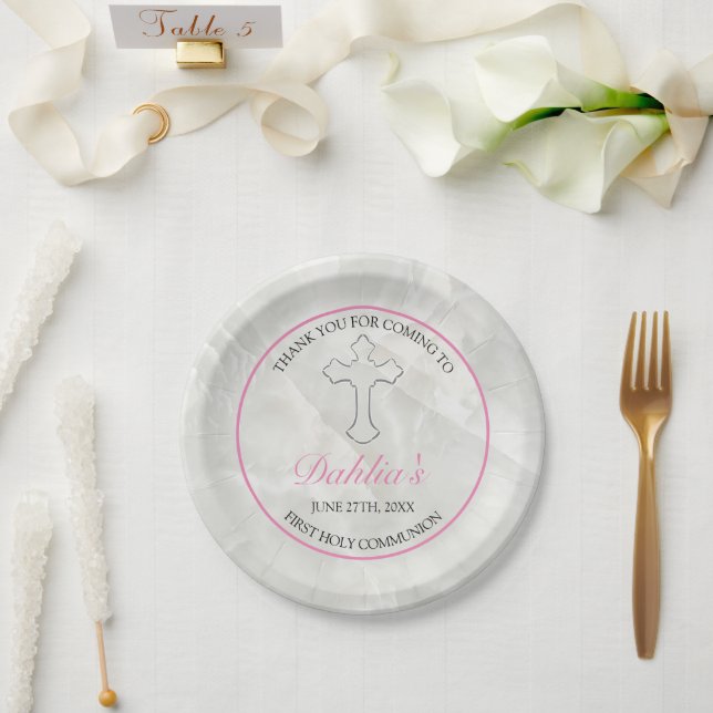 Elegante Marmormädchen Rosa Erste Heilige Kommune Pappteller (Hochzeit)