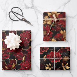 Elegante Marmormuster aus Rot, Schwarz und Gold Geschenkpapier Set