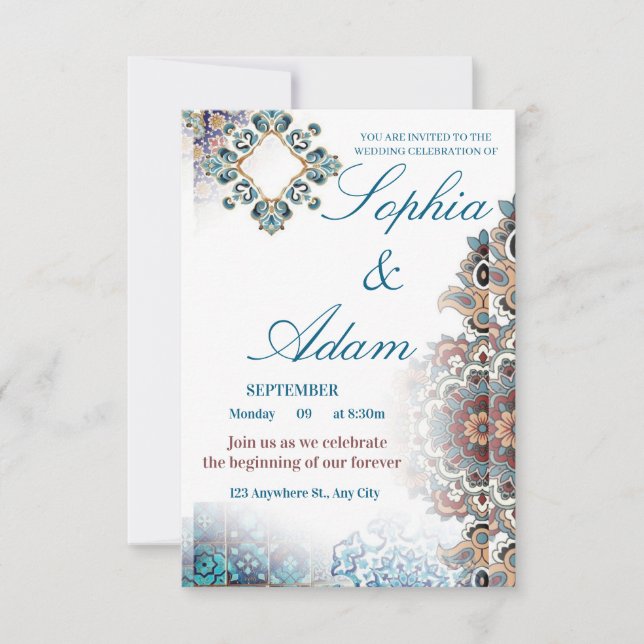 Elegante marokkanische Fliesen-Hochzeitseinladung RSVP Karte (Vorderseite)