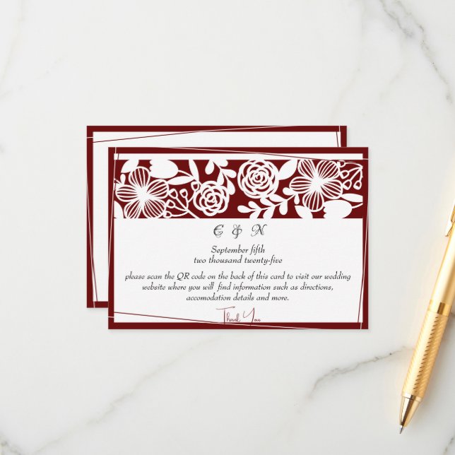 Elegante Maroon Monogram Details Enclosure Card Begleitkarte (Vorderseite/Rückseite Beispiel)
