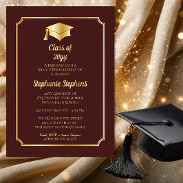 Elegante Maroon University Graduation Party Gold Folieneinladung