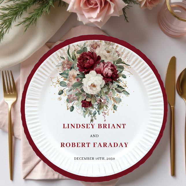 Elegante Marsala Boho Blumen Gold Teller (Sophisticated Marsala Boho Floral Gold Plates)