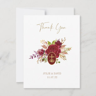 Elegante Marsala Floral Gold Kruzifix Hochzeit Dankeskarte