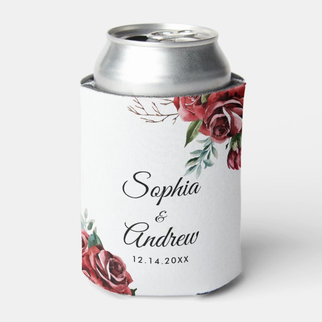 Elegante Marsala Rote Rose Rustikale Hochzeit Dosenkühler (Kanne Vorderseite)