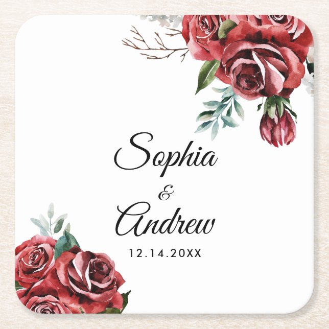 Elegante Marsala Rote Rose Rustikale Hochzeit Rechteckiger Pappuntersetzer (Vorderseite)