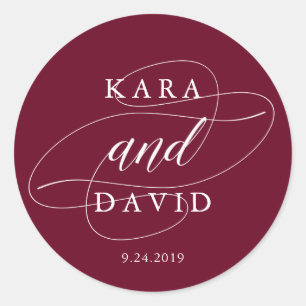 Elegante Marsala- und Weißkalligraphie-Hochzeit Runder Aufkleber