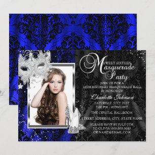 Elegante Maske & Absätze Navy Masquerade Sweet 16 Einladung
