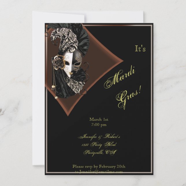 Elegante Maske am Black Bronze Mardi Gras Party Einladung (Vorderseite)