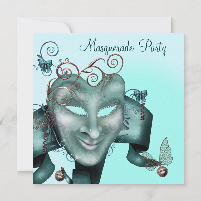 Elegante Maske Aquamarin Blue Masquerade Party Einladung (Vorderseite)