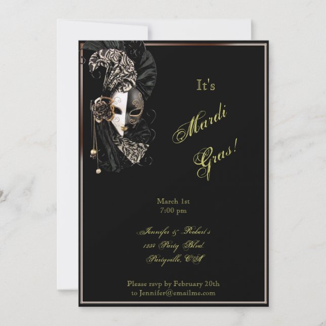 Elegante Maske auf dem Black Mardi Gras Party Einladung (Vorderseite)