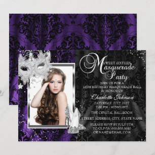 Elegante Maske & Heelse Lila Masquerade Sweet 16 Einladung