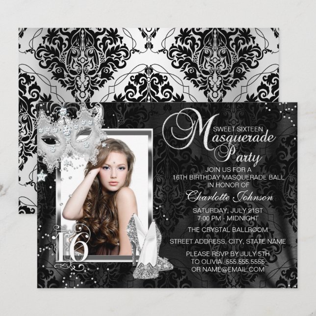 Elegante Maske & Heelse Masquerade Foto Sweet 16 Einladung (Vorne/Hinten)