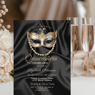 Elegante MaskeSchwarze Satin Quinceanera Einladung