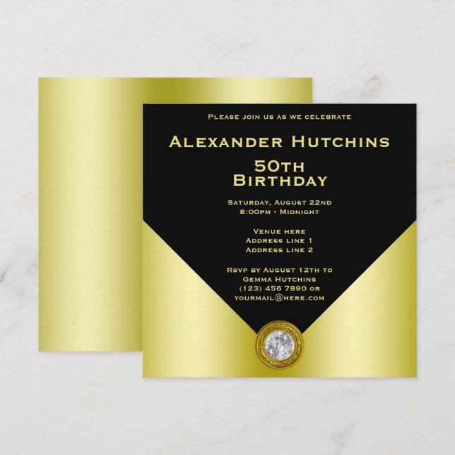 Elegante Maskuline Schwarz & Gold Geburtstag Einladung (Vorne/Hinten)