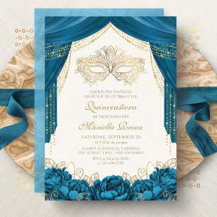 Elegante Masquerade Aquamarin Quinceanera Einladung