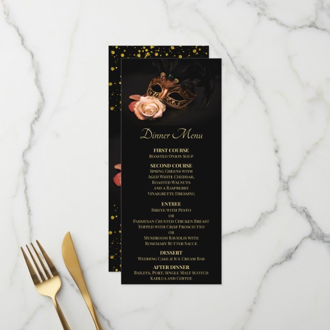 Elegante Masquerade mit weißer Rose Menükarte (Vorderseite/Rückseite Beispiel)