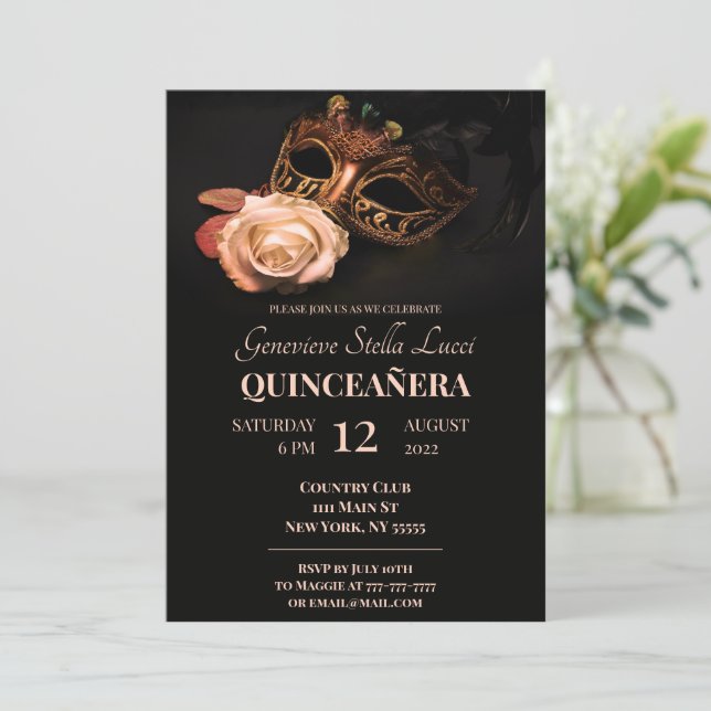 Elegante Masquerade und Rose Party Einladung (Stehend Vorderseite)