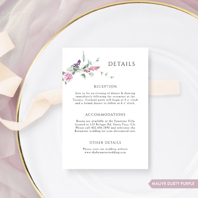 Elegante Mauve Dusty Lila Floral Wedding Details Begleitkarte (Von Creator hochgeladen)