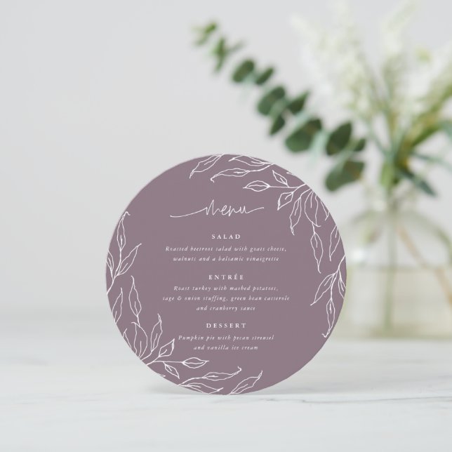 Elegante Mauve Leaf Motif Erntedank Abendessen Run Menükarte (Stehend Vorderseite)