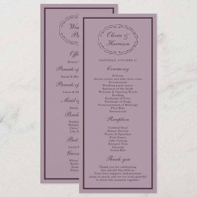 Elegante Mauve-Pflaume-Hochzeitsprogrammkarte Einladung (Vorne/Hinten)