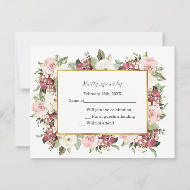 Elegante Mauve Pink Florals Gold Frame Wedding RSV RSVP Karte (Rückseite)