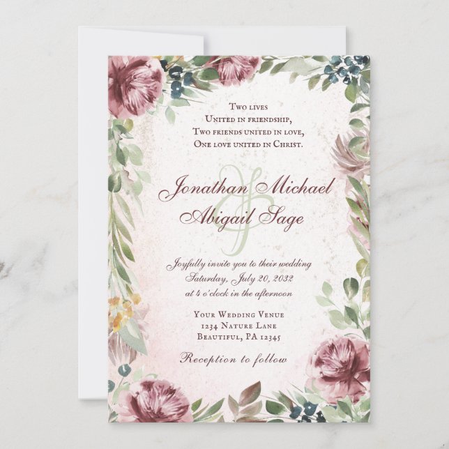 Elegante Mauve Pink Peony Christlich Wedding Einladung (Vorderseite)
