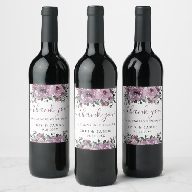 Elegante Mauve Plum Lila Blumenhochzeit Weinetikett (Flaschen)