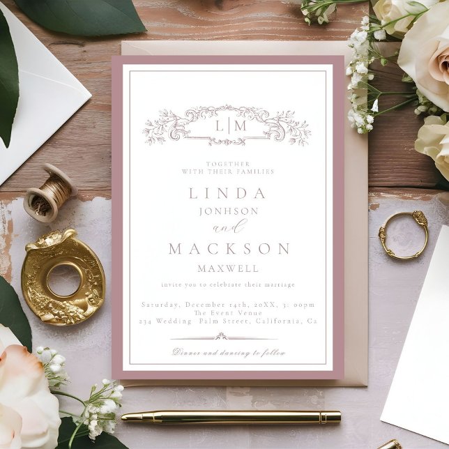 Elegante Mauve & Terracotta Wappen Monogram Weddin Einladung (Von Creator hochgeladen)