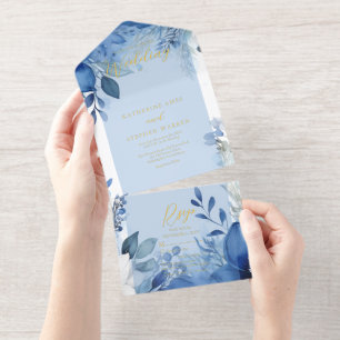 Elegante maximalistische blaue Blumenhochzeit All-in-One-Einladung