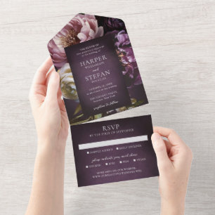 Elegante maximalistische lila Blumenhochzeit All In One Einladung