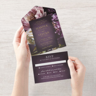 Elegante maximalistische lila Blumenhochzeit All-in-One-Einladung