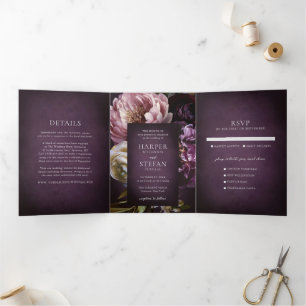 Elegante maximalistische lila Blumenhochzeit Dreifach Gefaltete Einladung