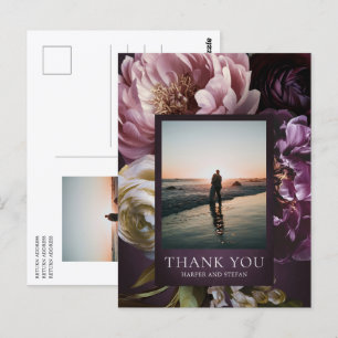 Elegante maximalistische lila Blumenhochzeits-Dank Postkarte