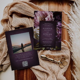 Elegante Maximalistische Lila Florale QR-Code-Hoch Einladung