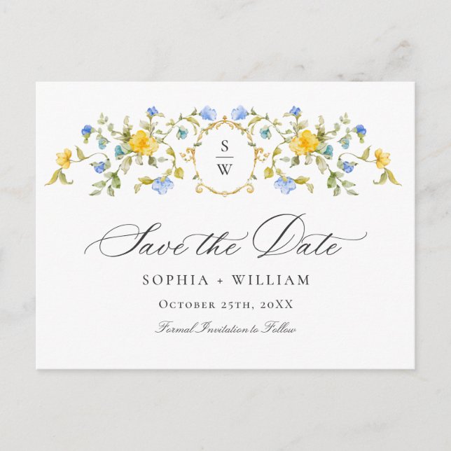 Elegante Meadow-Wildblumen beim Hochzeitsdatum spe Postkarte (Vorderseite)
