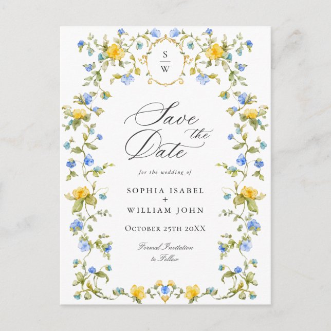 Elegante Meadow-Wildblumen beim Hochzeitsdatum spe Postkarte (Vorderseite)