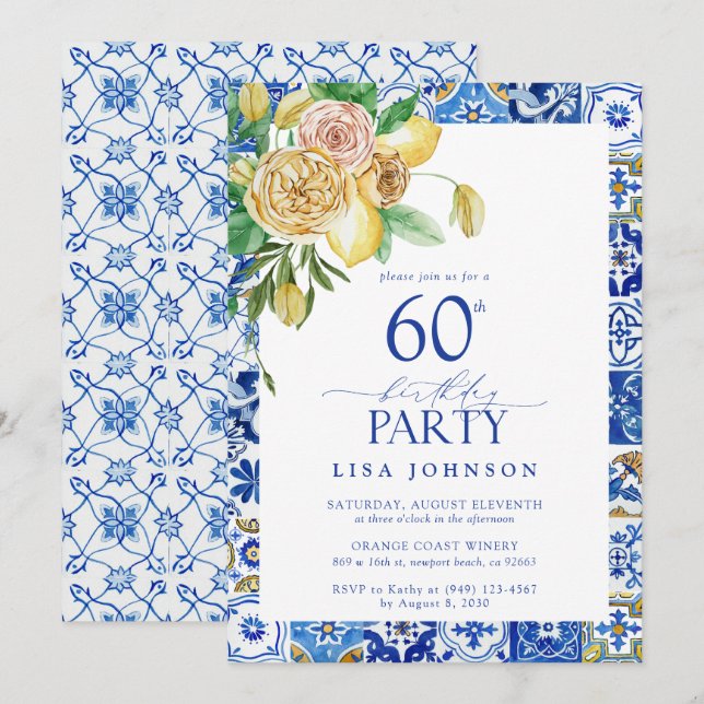 Elegante mediterrane 60. Geburtstagsparty Lemon Einladung (Vorne/Hinten)