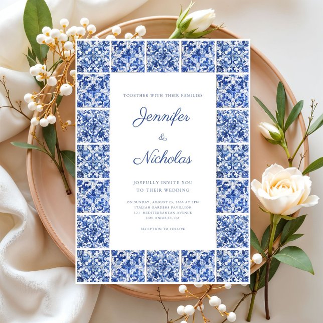 Elegante mediterrane blaue Tiles Wedding Einladung (Elegant Mediterranean Blue Tiles Wedding Invitation)