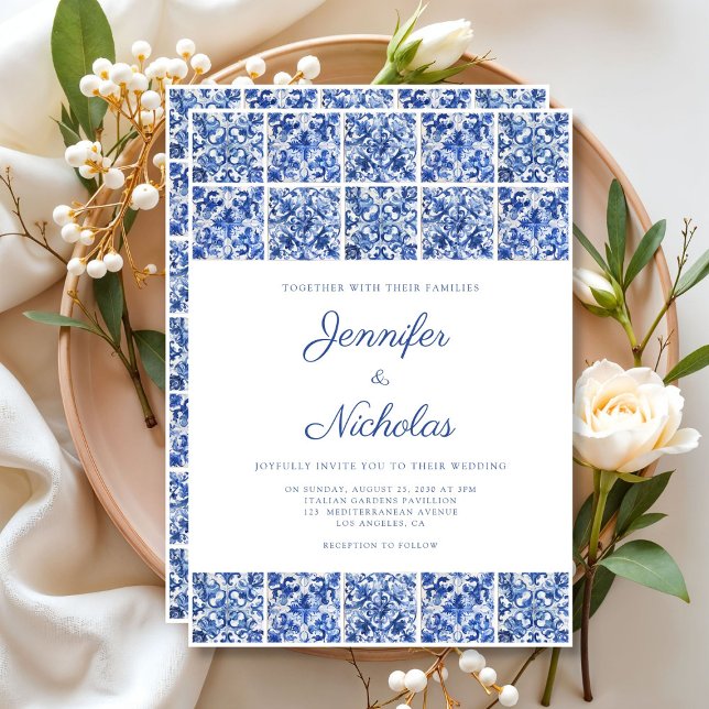 Elegante mediterrane blaue Tiles Wedding Einladung (Elegant Mediterranean Blue Tiles Wedding Invitation)