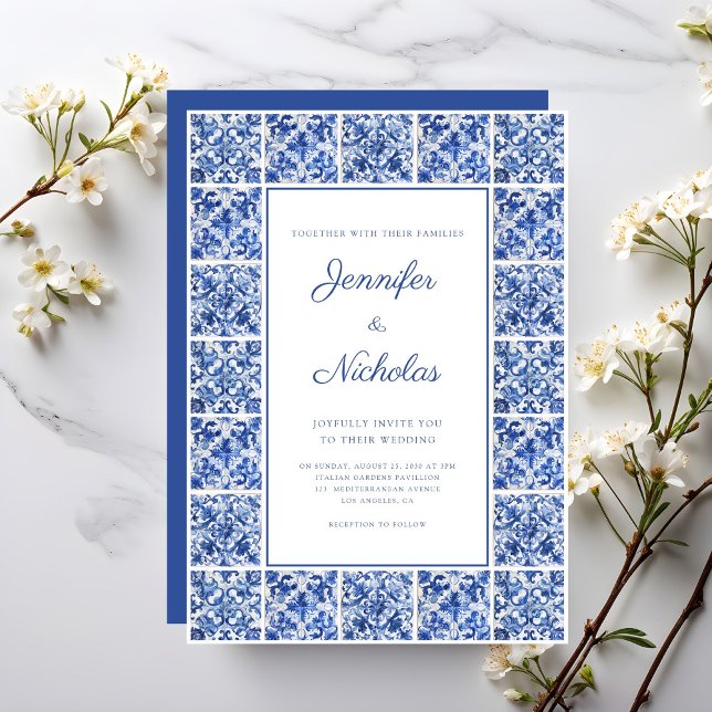 Elegante mediterrane blaue Tiles Wedding Einladung (Von Creator hochgeladen)