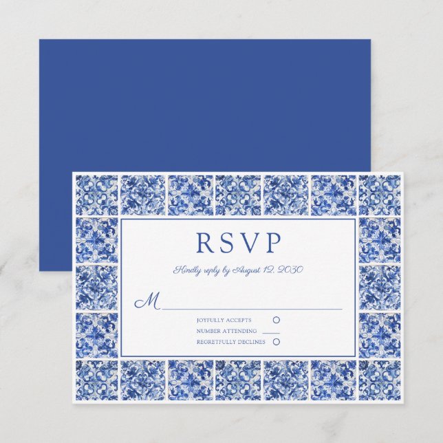 Elegante mediterrane blaue Tiles Wedding RSVP Karte (Vorne/Hinten)