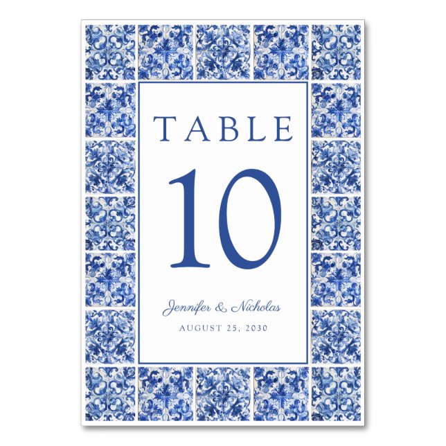 Elegante mediterrane blaue Tiles Wedding Tischnummer (Vorderseite)