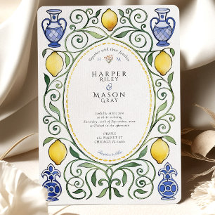 Elegante mediterrane Hochzeit mit Zitronen- und bl Einladung