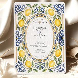 Elegante mediterrane Lemon & Blue Tile Hochzeit Einladung