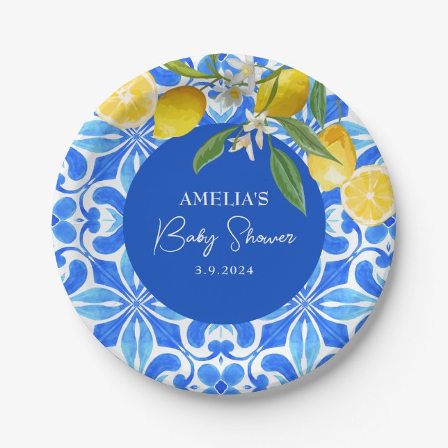 Elegante Mediterrane Lemon Floral Baby Dusche Pappteller (Vorderseite)